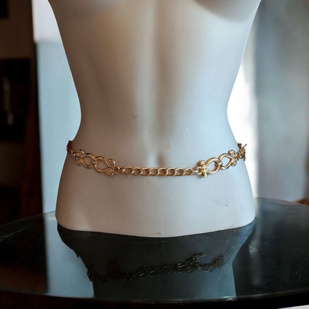 Belt Gold Tone Chain and Alternating Fish Link Waist Jewelry 40" Adjustable